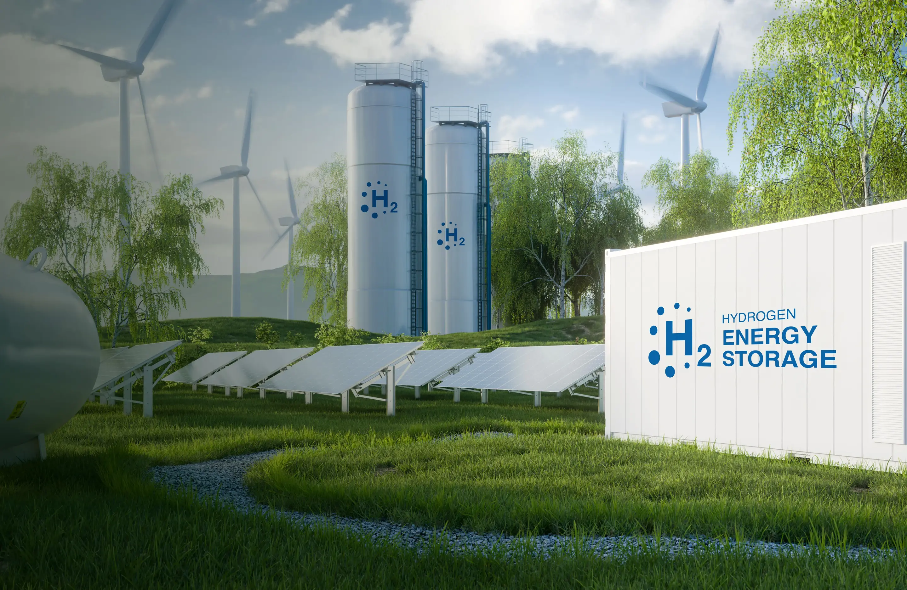 Hydrogen energy storage plant with solar panels and wind turbines