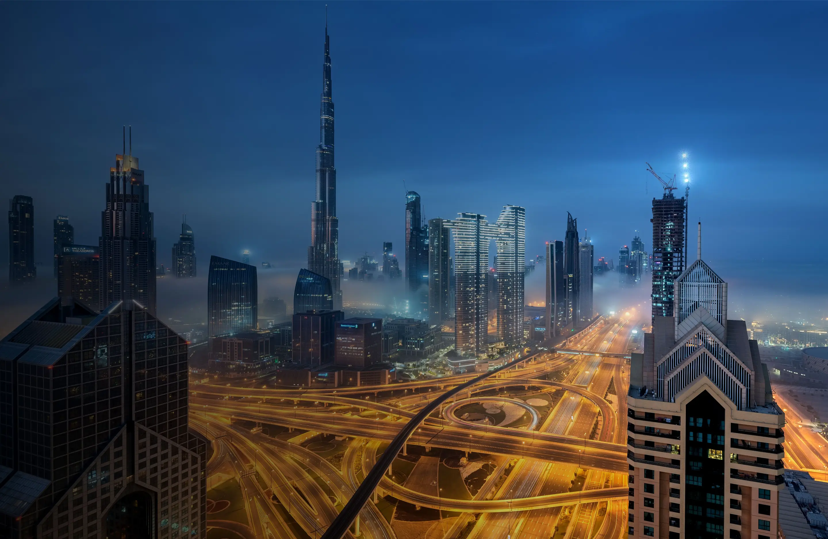 Dubai skyline and Sheikh Zayed Road at dusk
